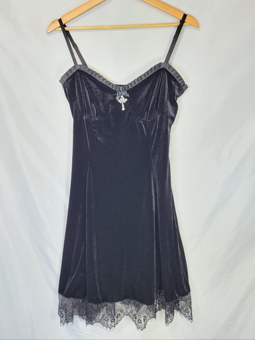Black Velvet Crucifix Cross Lace Babydoll Slip Dress Dark Coquette Romantic Y2K